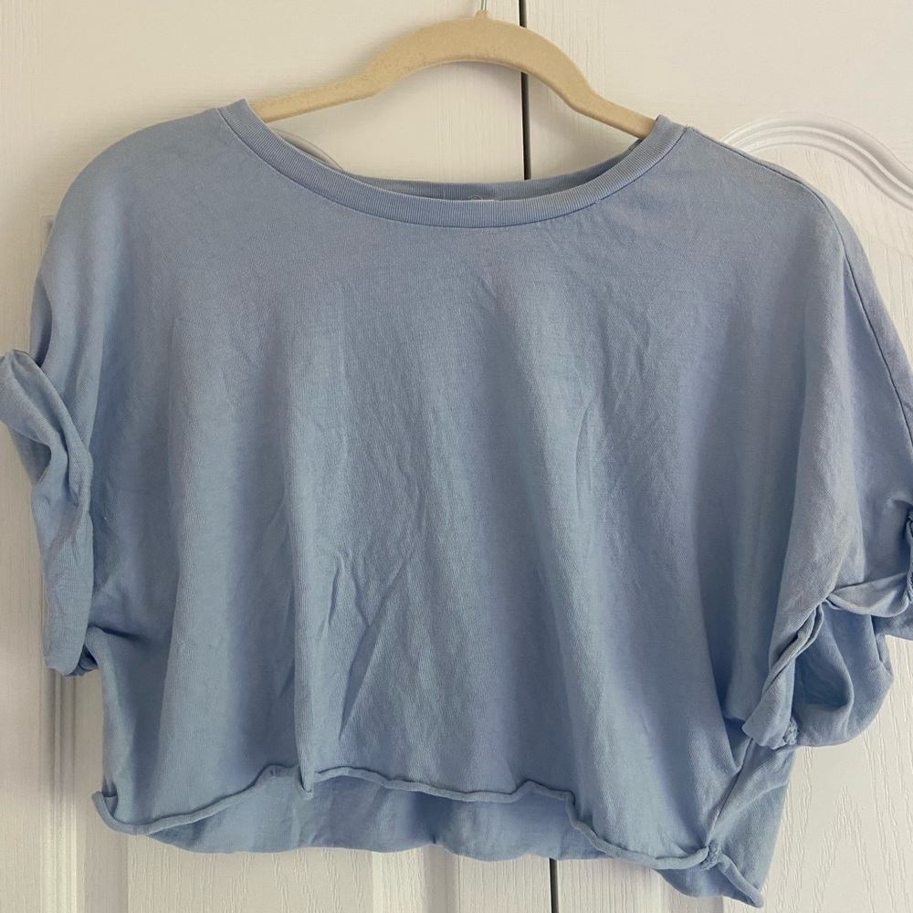 Blue garage crop top, soft, comfy, size small